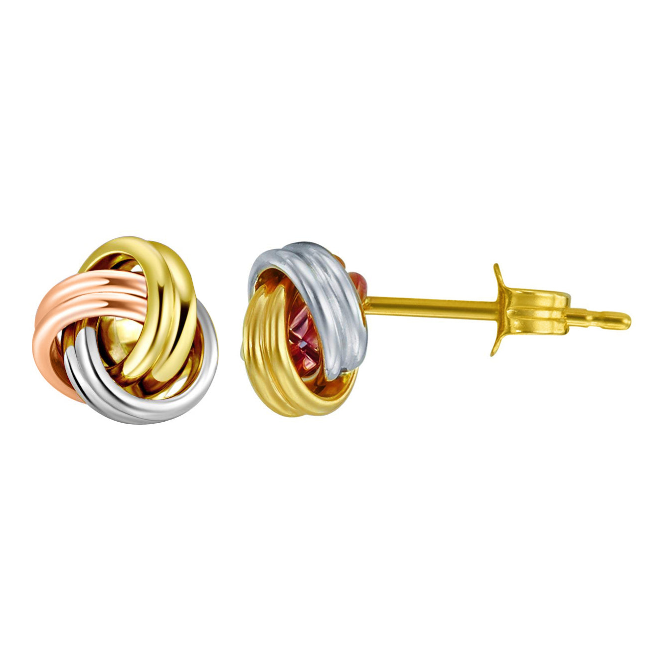 Genuine 14k Tri-tone Gold 7mm Triple Row Love Knot Earring Studs for Women