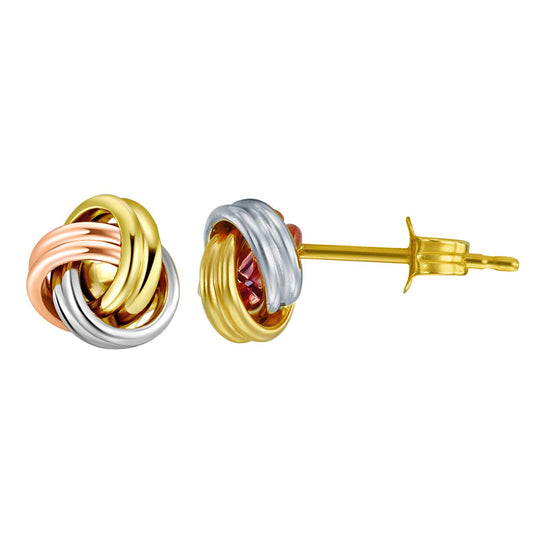 Genuine 14k Tri-tone Gold 7mm Triple Row Love Knot Earring Studs for Women
