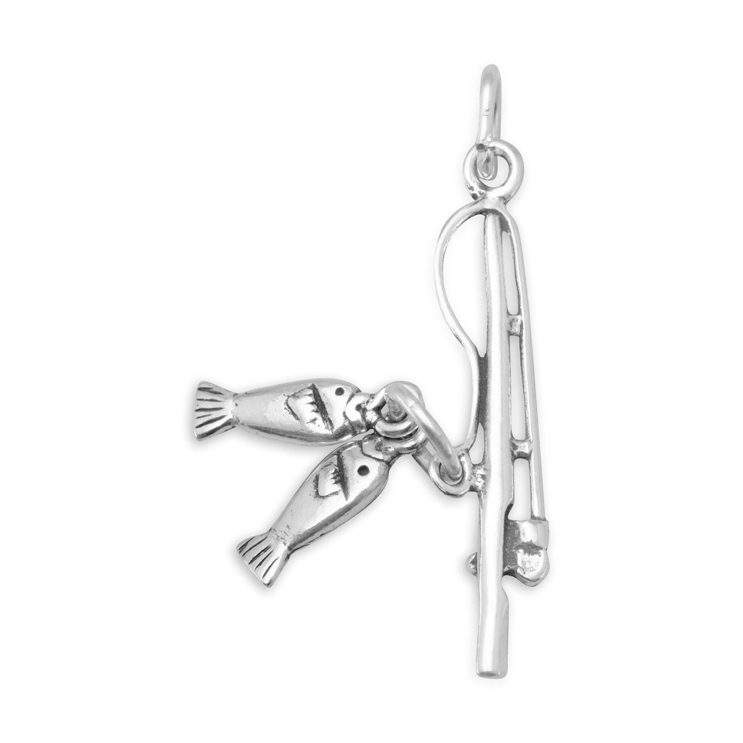 Authentic 925 Sterling Silver Fishing Pole with Fish Women's Charm for Bracelet or Necklace