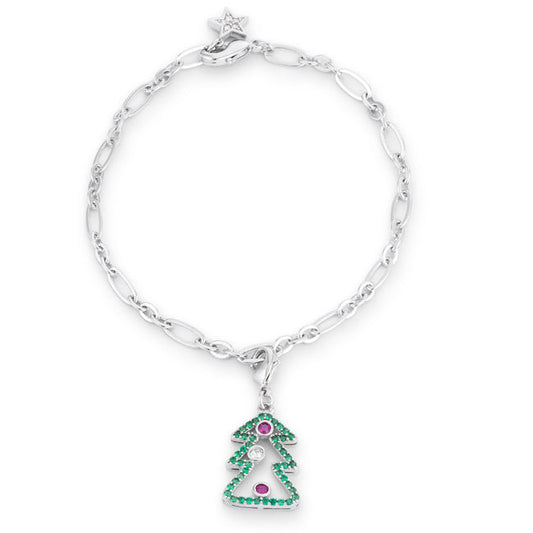 Silvertone Christmas Tree 0.35ct CZ Holiday Charm Bracelet