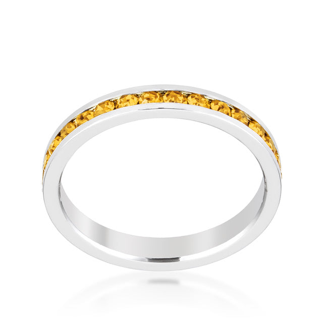 Silvertone Rhodium Plated Brass Round Yellow Crystal Stackable Eternity Ring