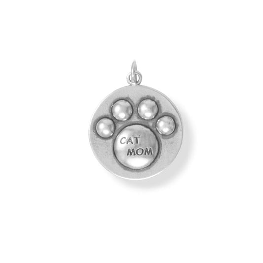 Oxidized Authentic 925 Sterling Silver "Cat Mom" Women's Charm for Bracelet or Necklace