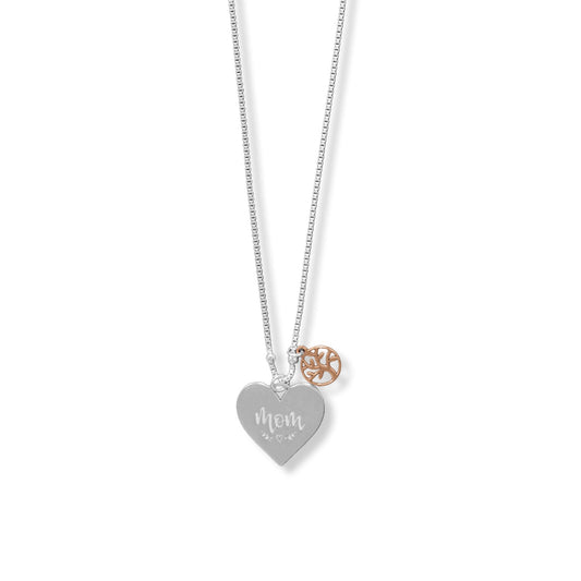Sterling Silver "Mom" Heart and Family Tree Charm 16" + 2" Necklace