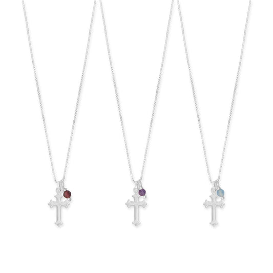 Sterling Silver Gemstone Birthstone and Cross Charm 16" Necklace