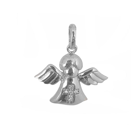 Polished Sterling Silver Angel Pendant with Cubic Zirconia Cross Center for Easter or Gift of Faith