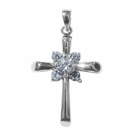 Polished Sterling Silver Pendant with Round-Cut Cubic Zirconia in Floral Design for Easter or Gift of Faith
