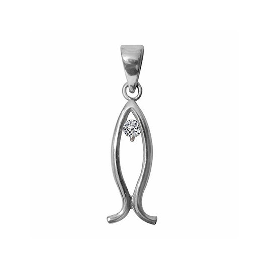 Sterling Silver Ichthys Jesus Fish Pendant with Cubic Zirconia – Polished Christian Charm for Necklace – Symbolic Religious Easter Gift for Women
