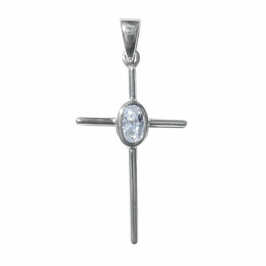 Delicate Highly Polished Sterling Silver Cross Pendant with Bezel-Set Oval-Cut Cubic Zirconia - for Easter or Gift of Faith