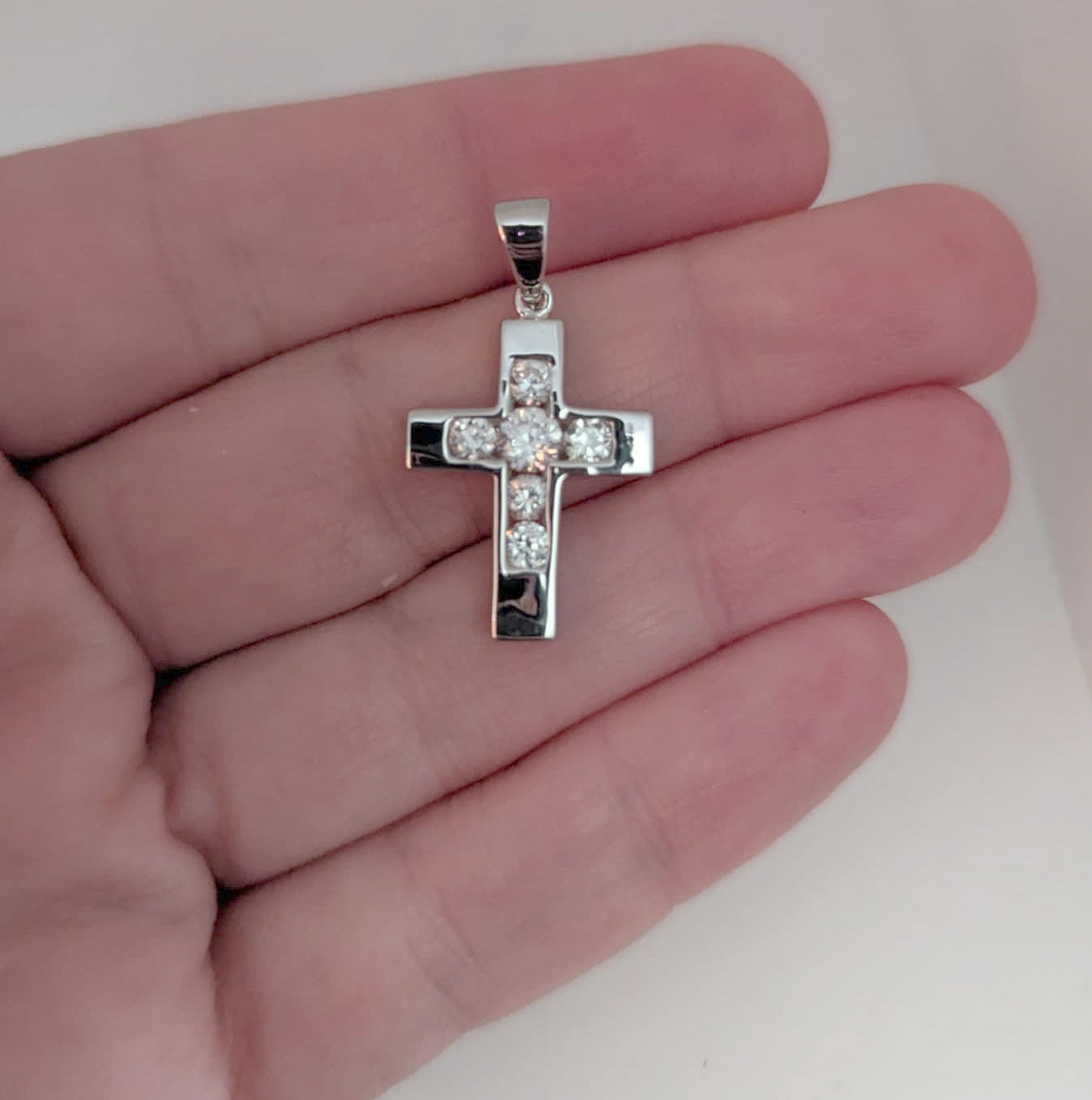 Mirror Polished Sterling Silver Roman Cross Pendant with Channel-Set Cubic Zirconia Accentsfor Easter or Gift of Faith
