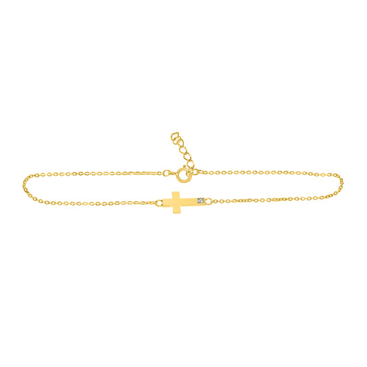 Genuine 14k Yellow Gold Cubic Zirconia CZ Sideways East-West Cross Chain 7"+1" Women's Bracelet