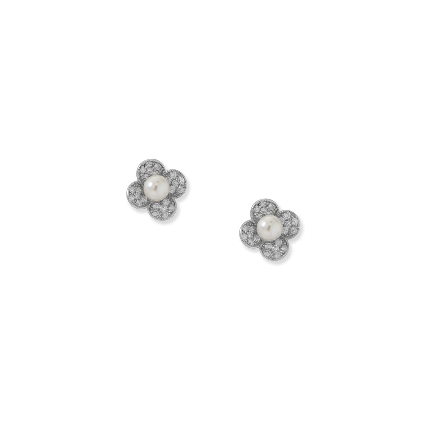 Rhodium Plated Sterling Silver Simulated Pearl and Pave Cubic Zirconia Flower Earrings