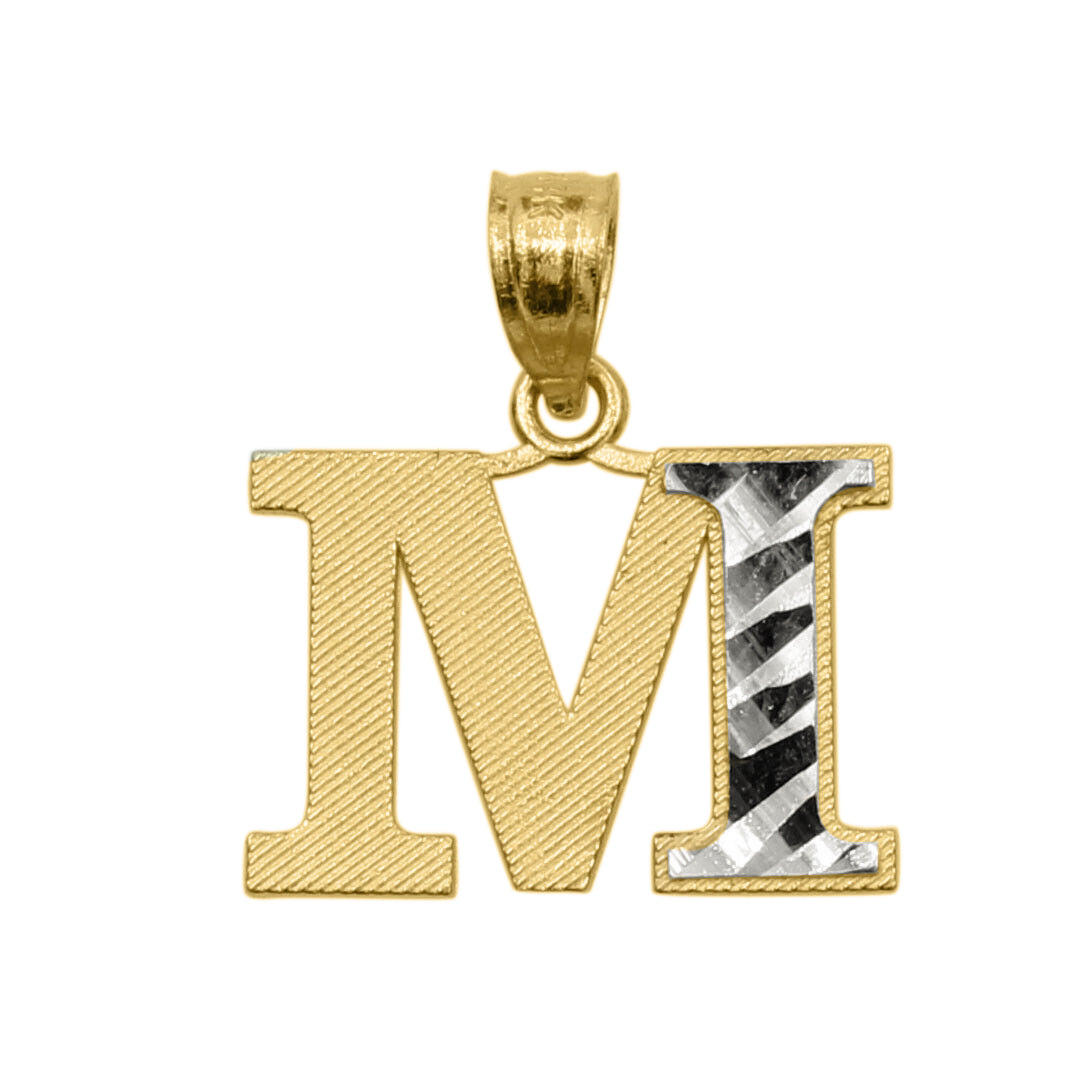 Genuine 14k Two-tone Gold 0.59" Diamond-cut Initial Block Letter 'M' Pendant For Men or Women - Gold Block Letter Charm