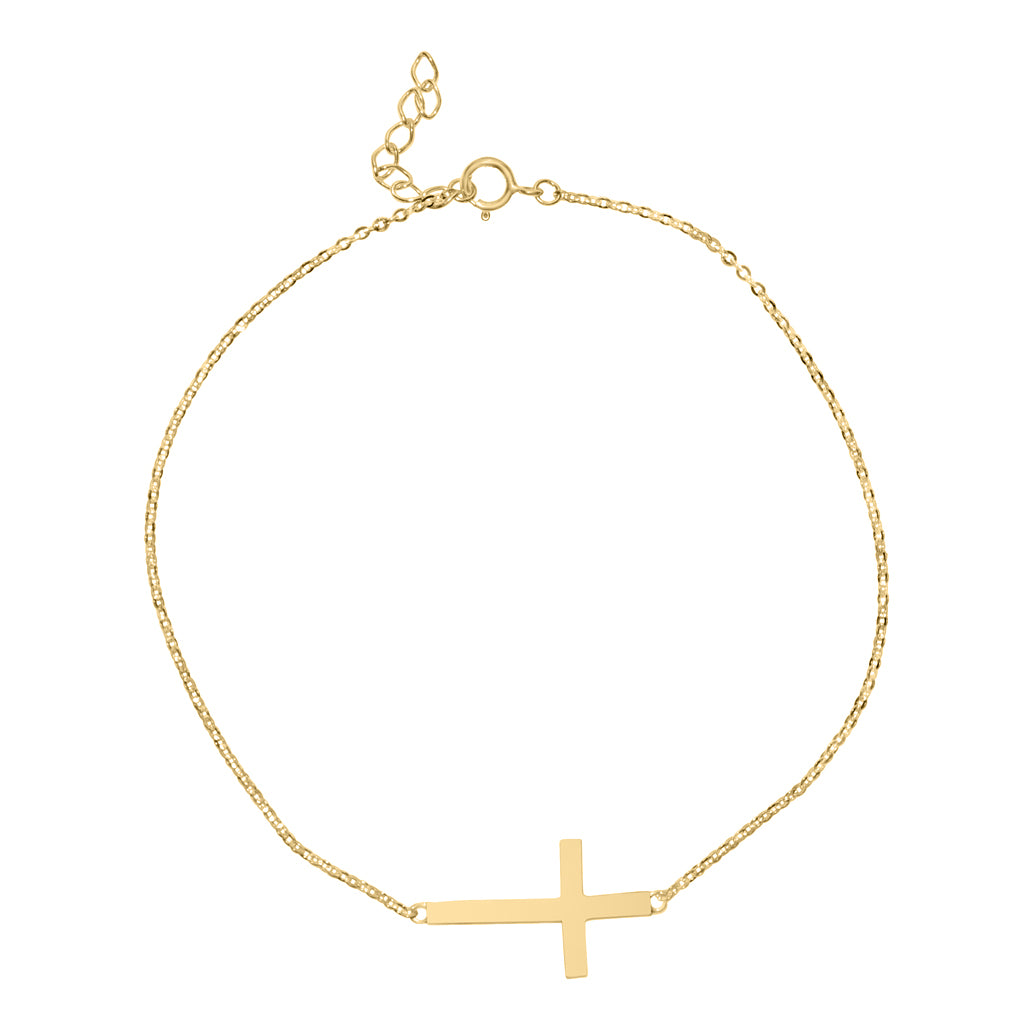 Genuine 14k Yellow Gold Sideways Cross Chain 7"+1" Women's Bracelet