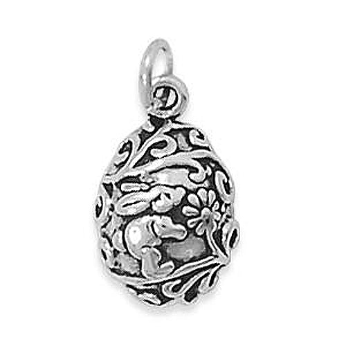 Authentic 925 Sterling Silver Egg with Bunny & Flowers Women's Charm for Bracelet or Necklace