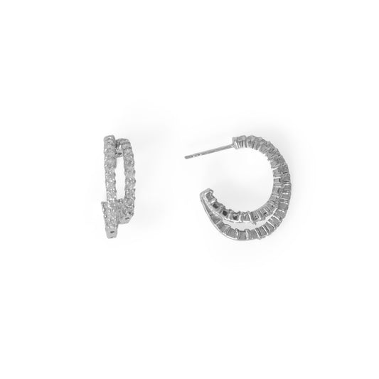 Rhodium Plated Sterling Silver In/Out Cubic Zirconia Double 3/4 Hoop Earrings