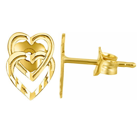 Genuine 14k Yellow Gold 6mm x 9mm Diamond-cut Double Heart Ladies Earring Studs