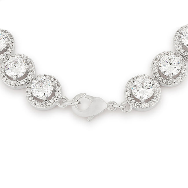 Silvertone Elegant Halo Cubic Zirconia Link Classic Bracelet