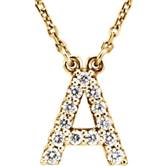 14K Yellow Gold 1/8 CTW White Diamond Natural Diamond Initial A Pendant Necklace