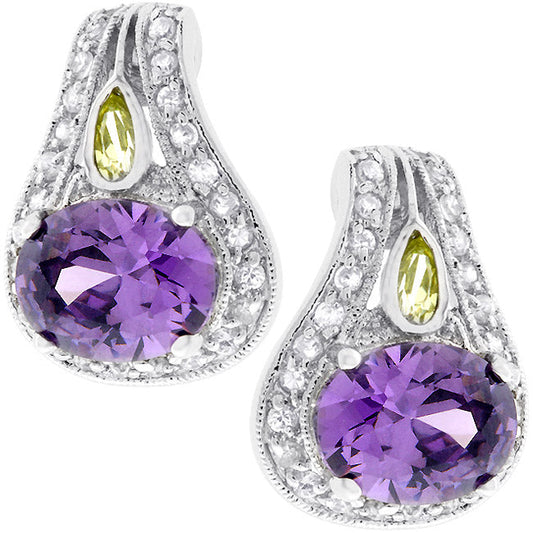 Precious Stars Silvertone Fancy Purple and Yellow Cubic Zirconia Drop Earrings