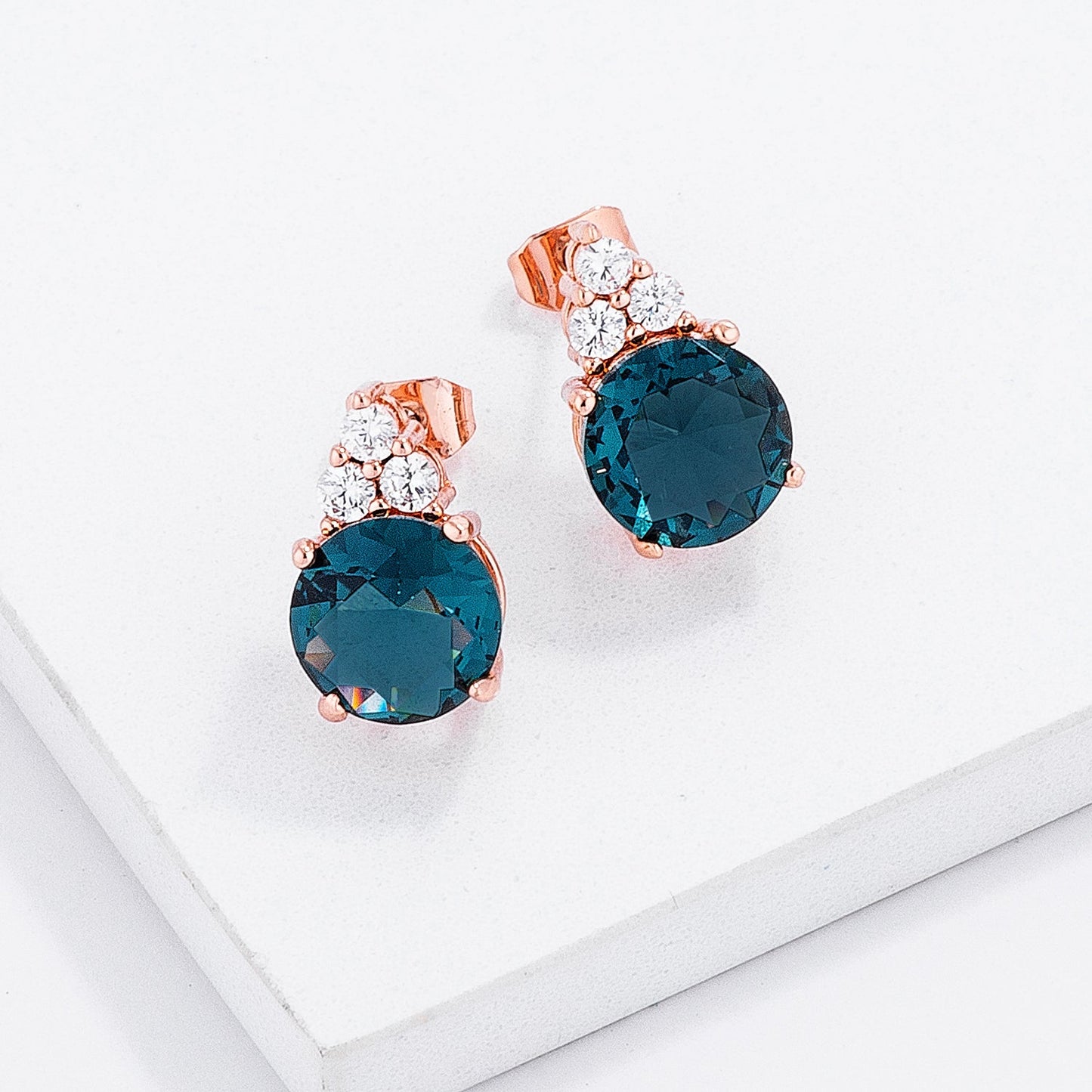 Rose Goldtone Blue-Green Cubic Zirconia Round Cluster Earrings