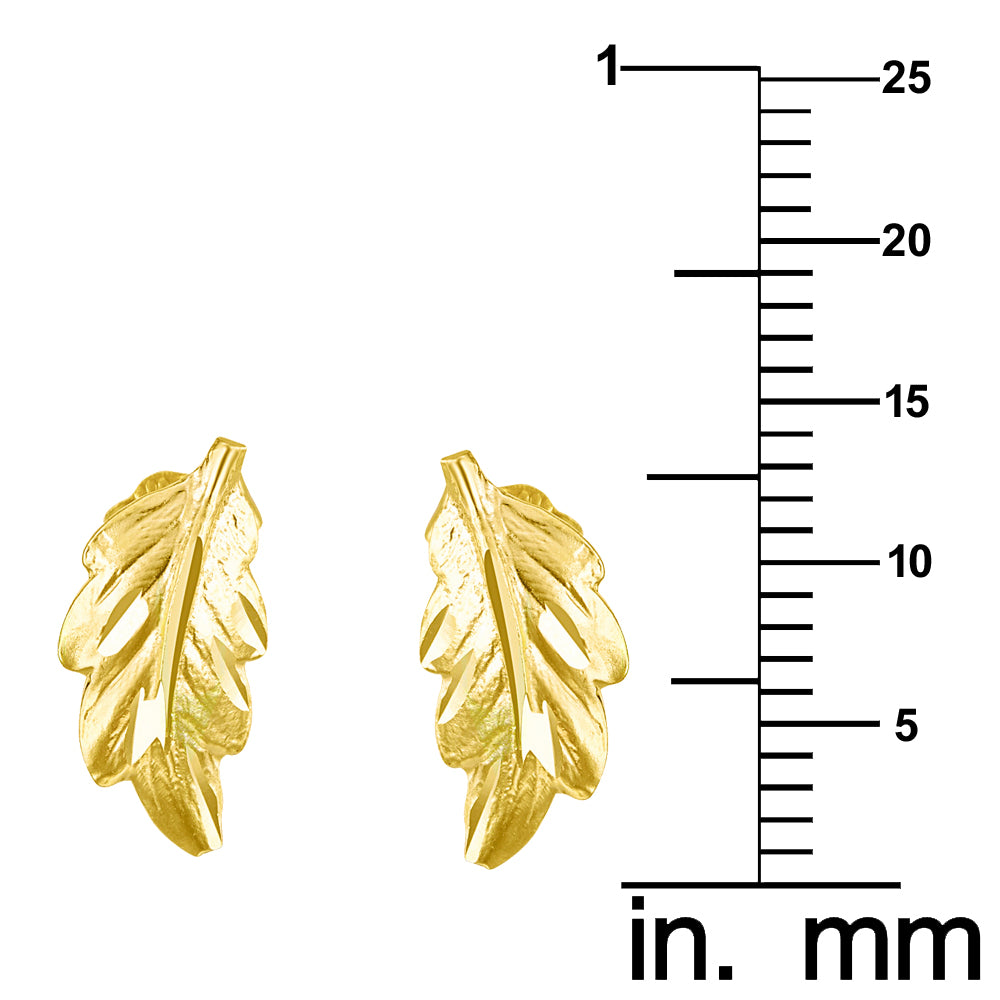 Genuine 14k Yellow Gold 6mm x 13mm Feather Shaped Unisex Earring Studs