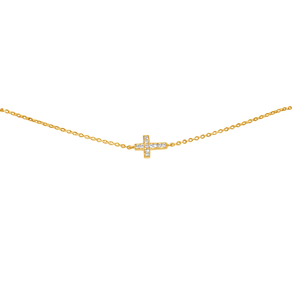 Genuine 14k Yellow Gold Cubic Zirconia CZ Sideways Cross 7"+1" Women's Bracelet