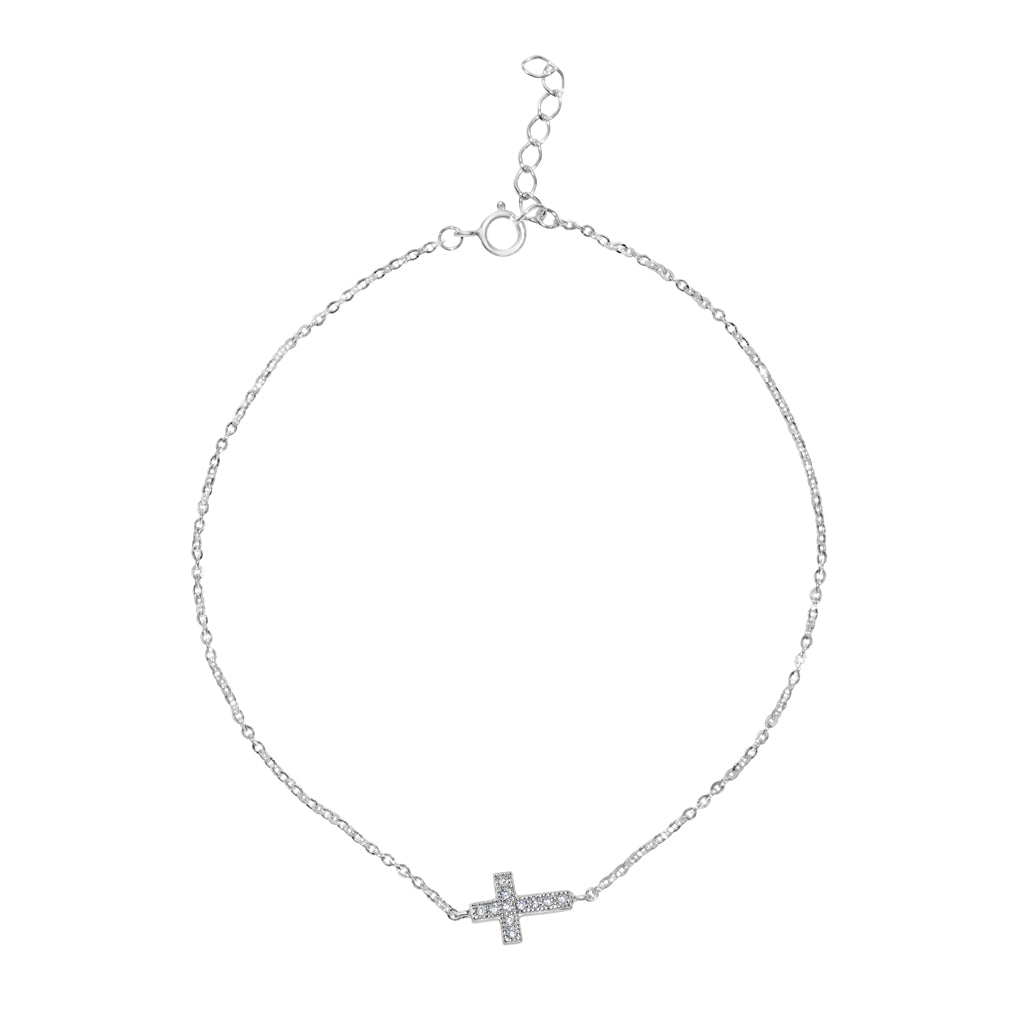 Genuine 14k White Gold Cubic Zirconia CZ Sideways Cross 7"+1" Women's Bracelet