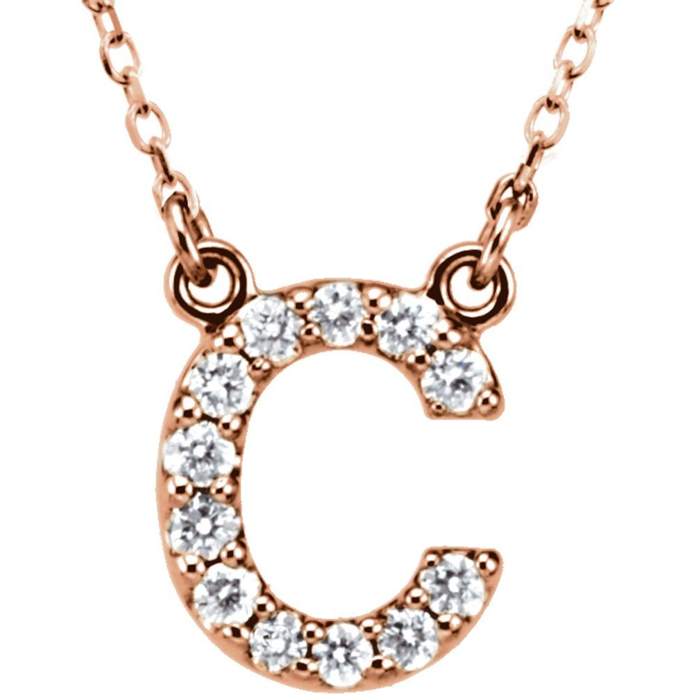 Genuine 14K Rose Gold 0.12ct White Diamond 0.37" Initial C Pendant 16" Initial Necklace