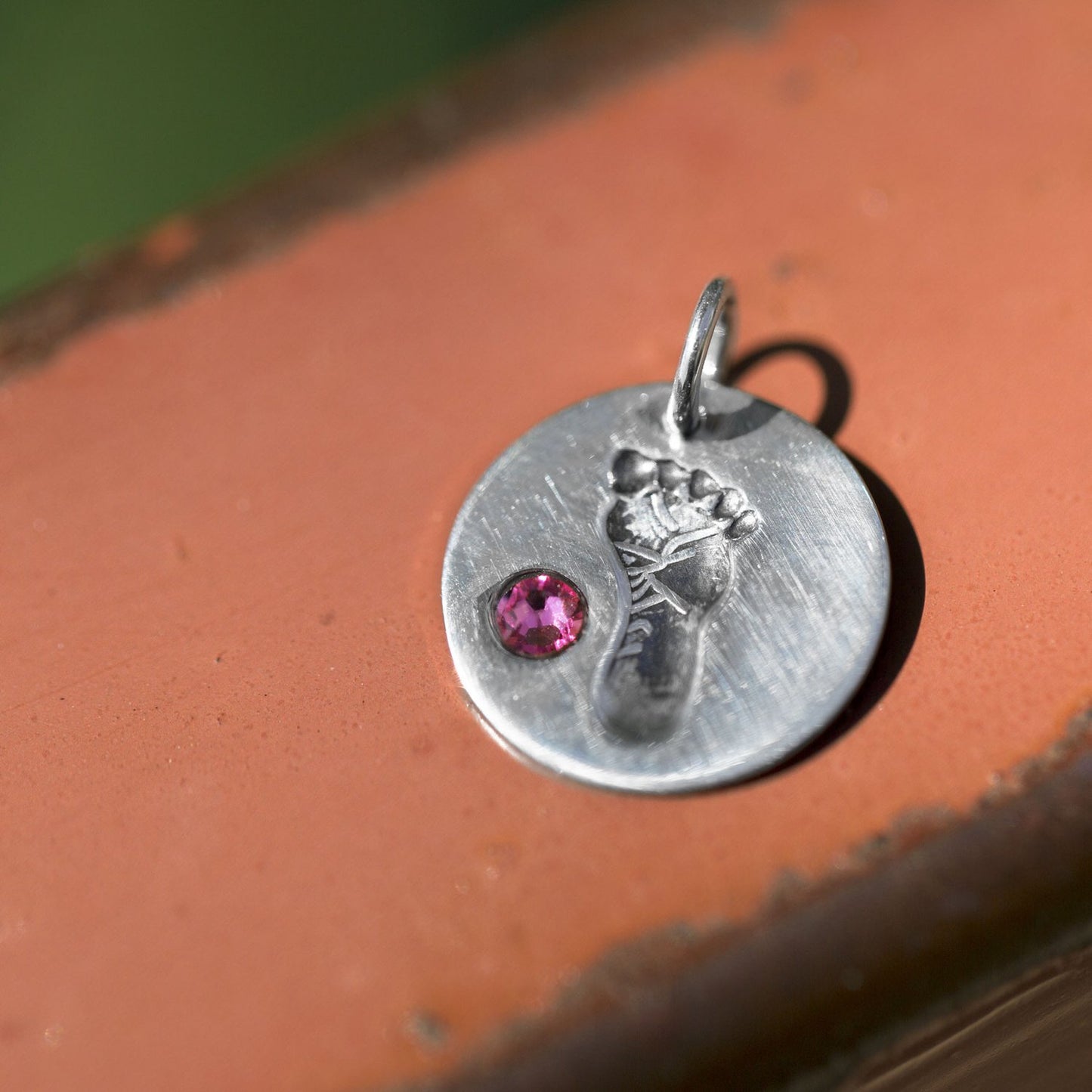 Authentic 925 Sterling Silver Footprint with Pink Crystal Women's Charm for Bracelet or Necklace