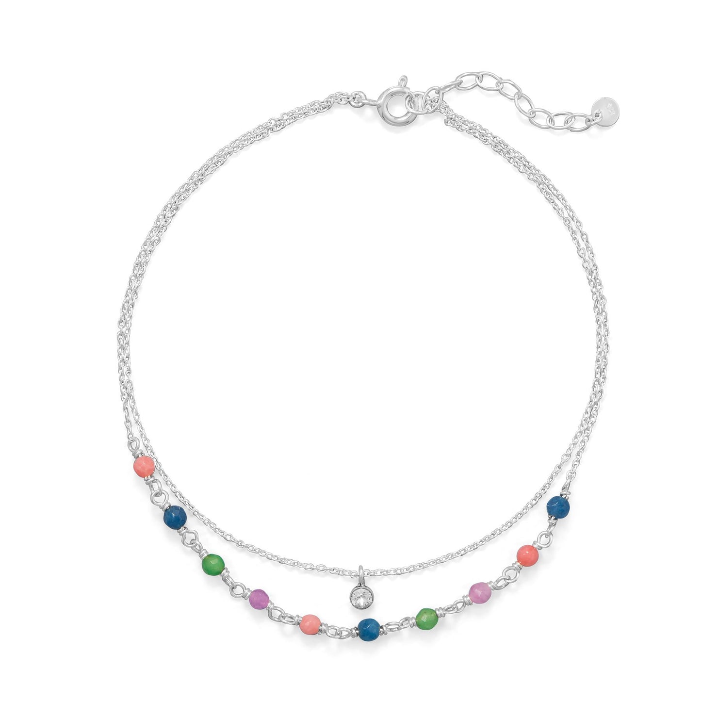 Sterling Silver Cubic Zirconia and Dyed Jade Beaded Anklet