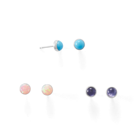 Sterling Silver Synthetic Pink Opal, Reconstituted Turquoise, and Iolite Button Earrings Set