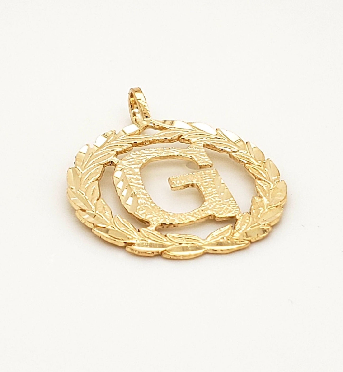 Genuine 14k Yellow Gold 0.78" Wreath Initial Block Letter 'G' Round Pendant for Men or Women - Gold Block Letter Charm