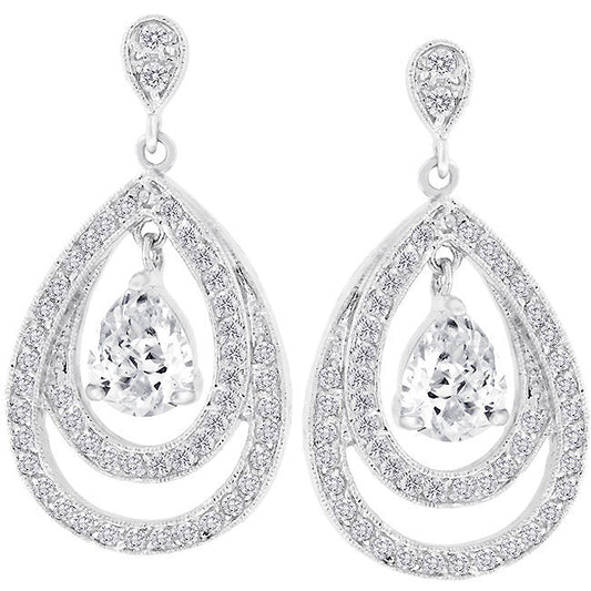 Silvertone Cubic Zirconia Concentric Teardrop Dangling Earrings