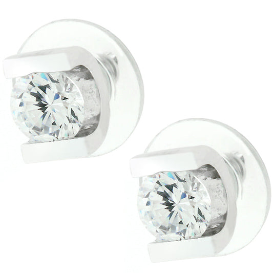 Precious Stars Silvertone 6mm Tension-Set Solitaire Earrings Studs