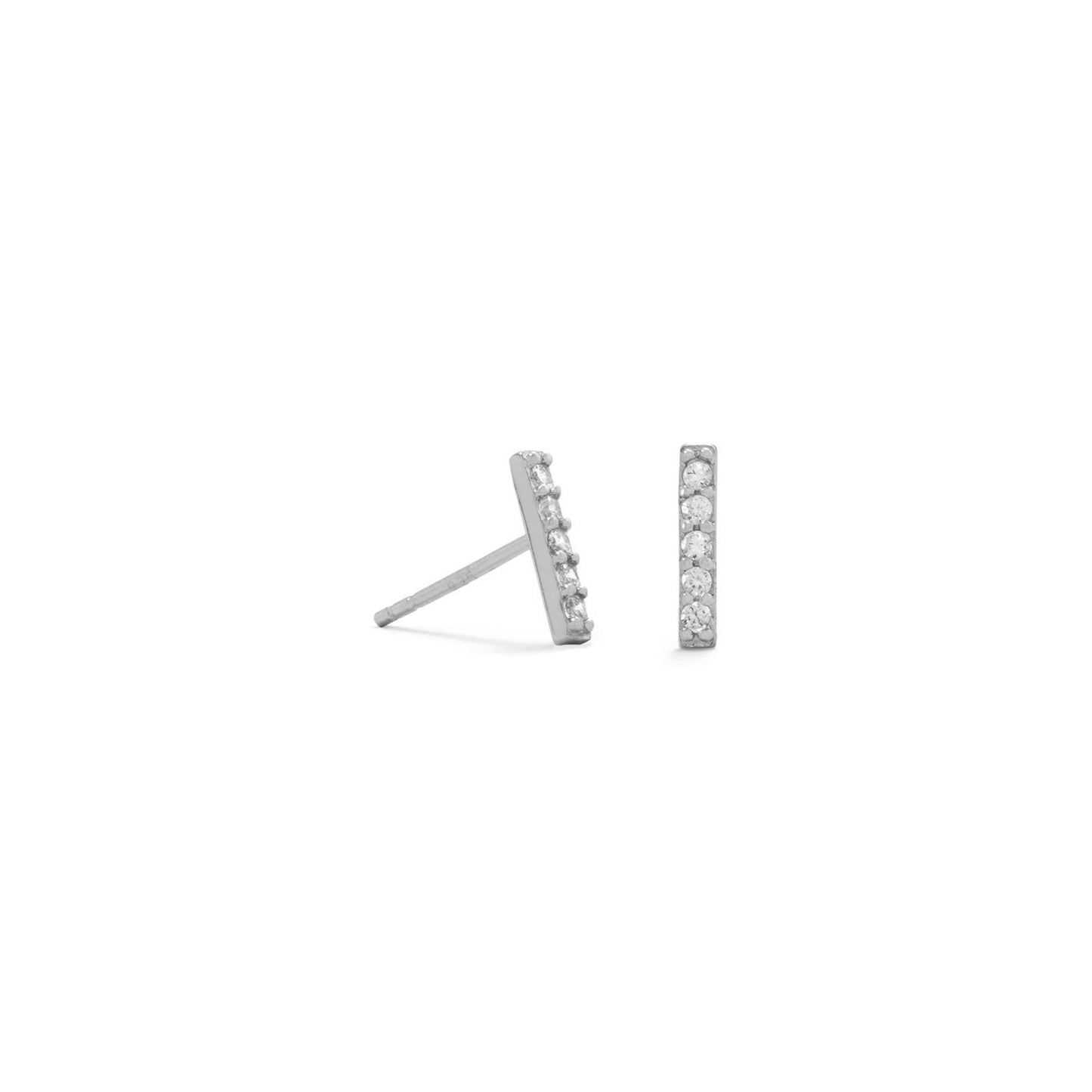 Rhodium Plated Sterling Silver Cubic Zirconia Mini Bar Studs