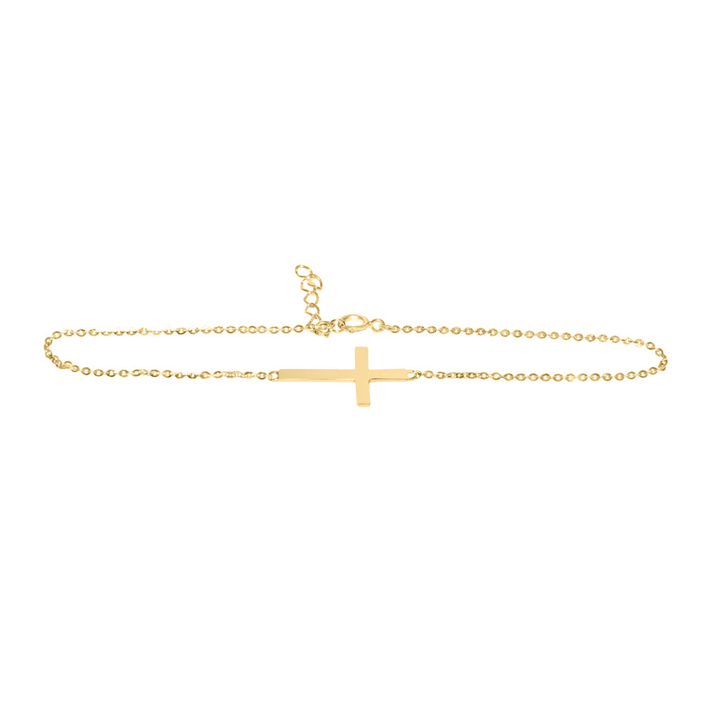 Genuine 14k Yellow Gold Sideways Cross Chain 7"+1" Women's Bracelet