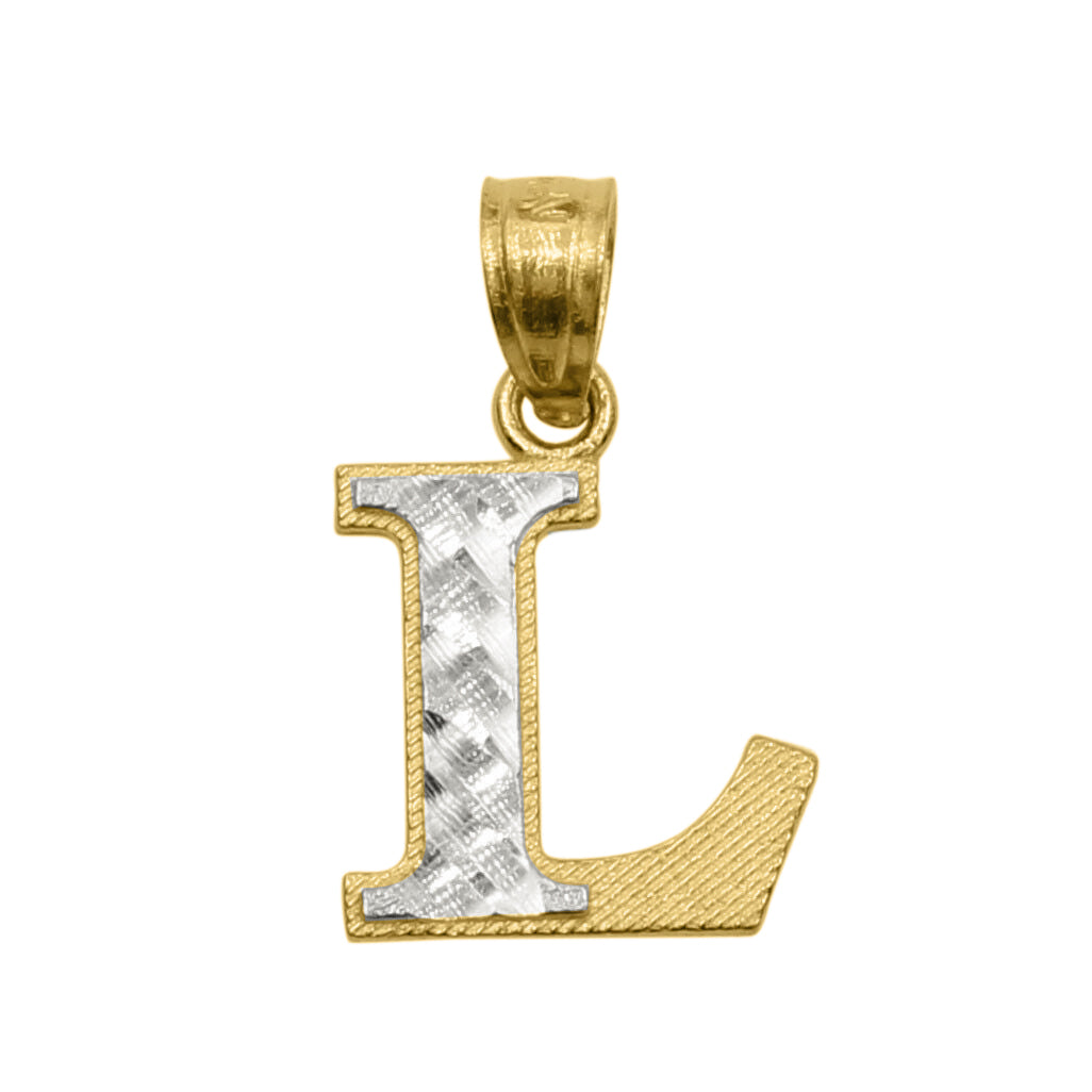 Genuine 14k Two-tone Gold 0.59" Diamond-cut Initial Block Letter 'L' Pendant For Men or Women - Gold Block Letter Charm