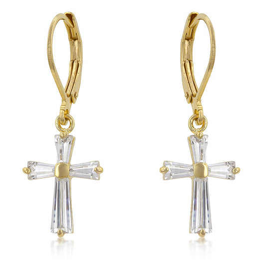 Goldtone Baguette Cubic Zirconia Cross Leverback Earrings