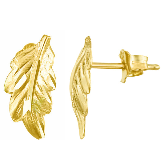 Genuine 14k Yellow Gold 6mm x 13mm Feather Shaped Unisex Earring Studs