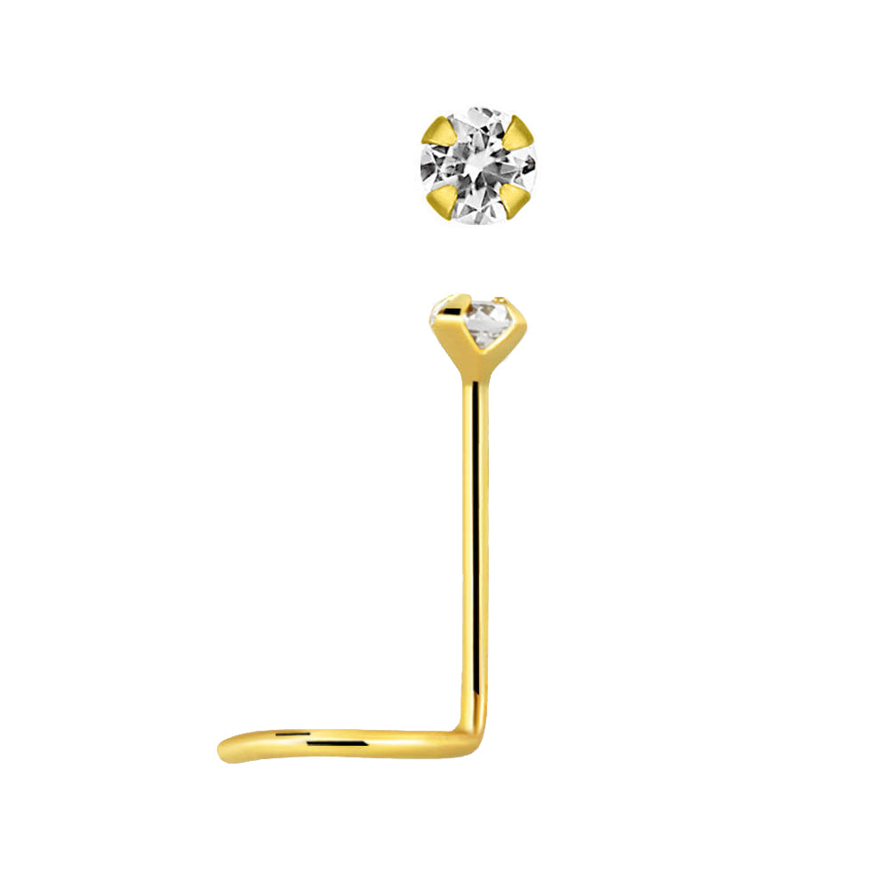 14K Yellow Gold Round-Cut Cubic Zirconia Nose Stud Screw - 22g