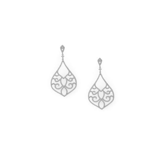 Rhodium Plated Sterling Silver Ornate Cubic Zirconia Raindrop Post Earrings