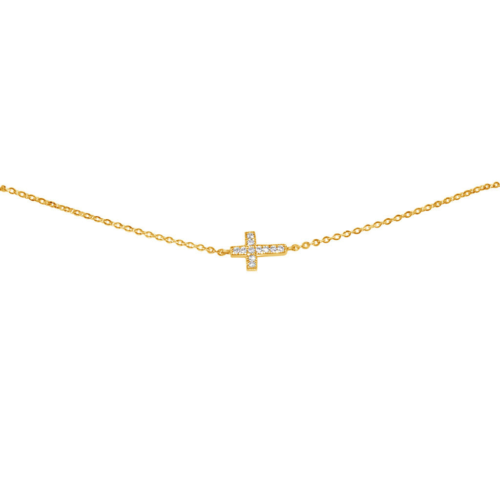 Genuine 14k Yellow Gold Cubic Zirconia CZ Sideways Cross 7"+1" Women's Bracelet