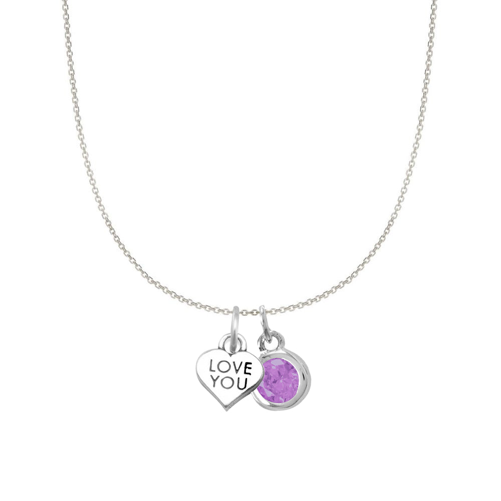 Sterling Silver 'Love You' and Birthstone Charm Necklace