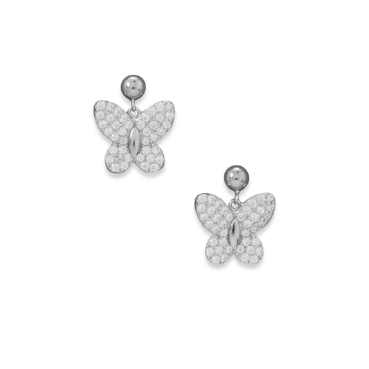 Sterling Silver Clear Cubic Zirconia Dangling Butterfly Earrings