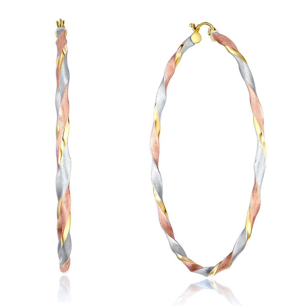 Genuine 14k Tri-tone Gold Extra Large Twisted Hoop Earrings For Women - 65mm Diameter