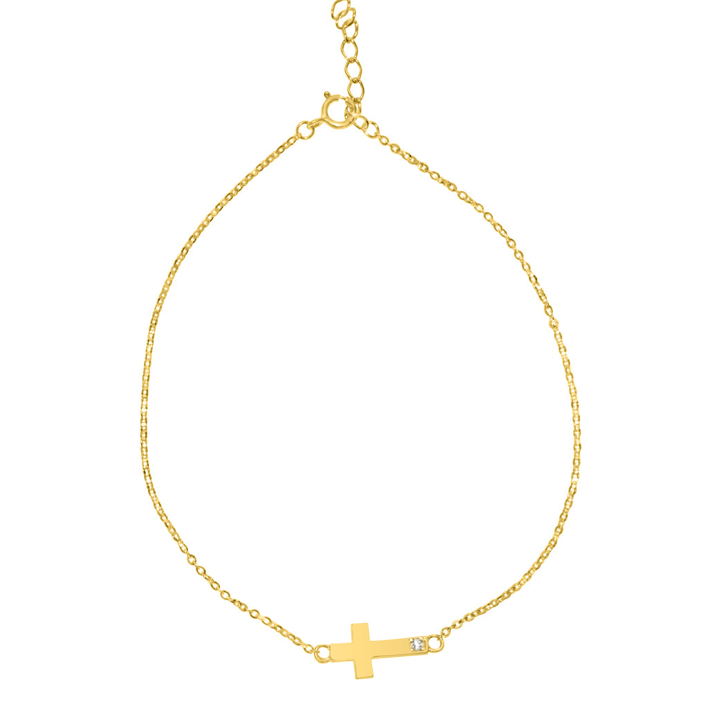 Genuine 14k Yellow Gold Cubic Zirconia CZ Sideways East-West Cross Chain 7"+1" Women's Bracelet