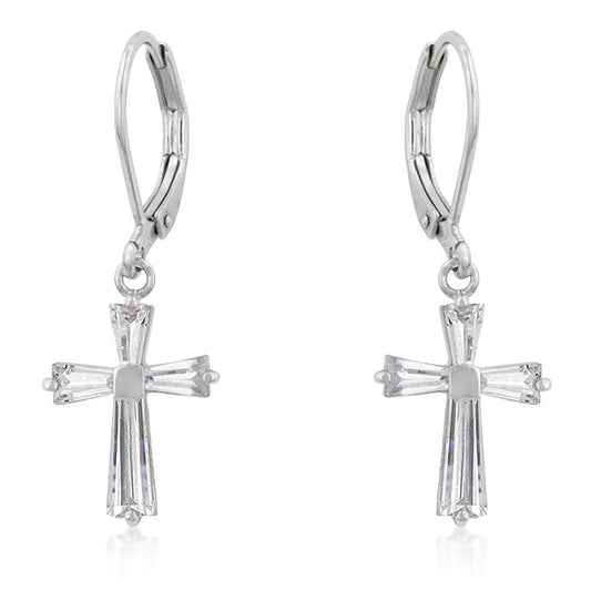 Silvertone Baguette Cubic Zirconia Cross Leverback Earrings