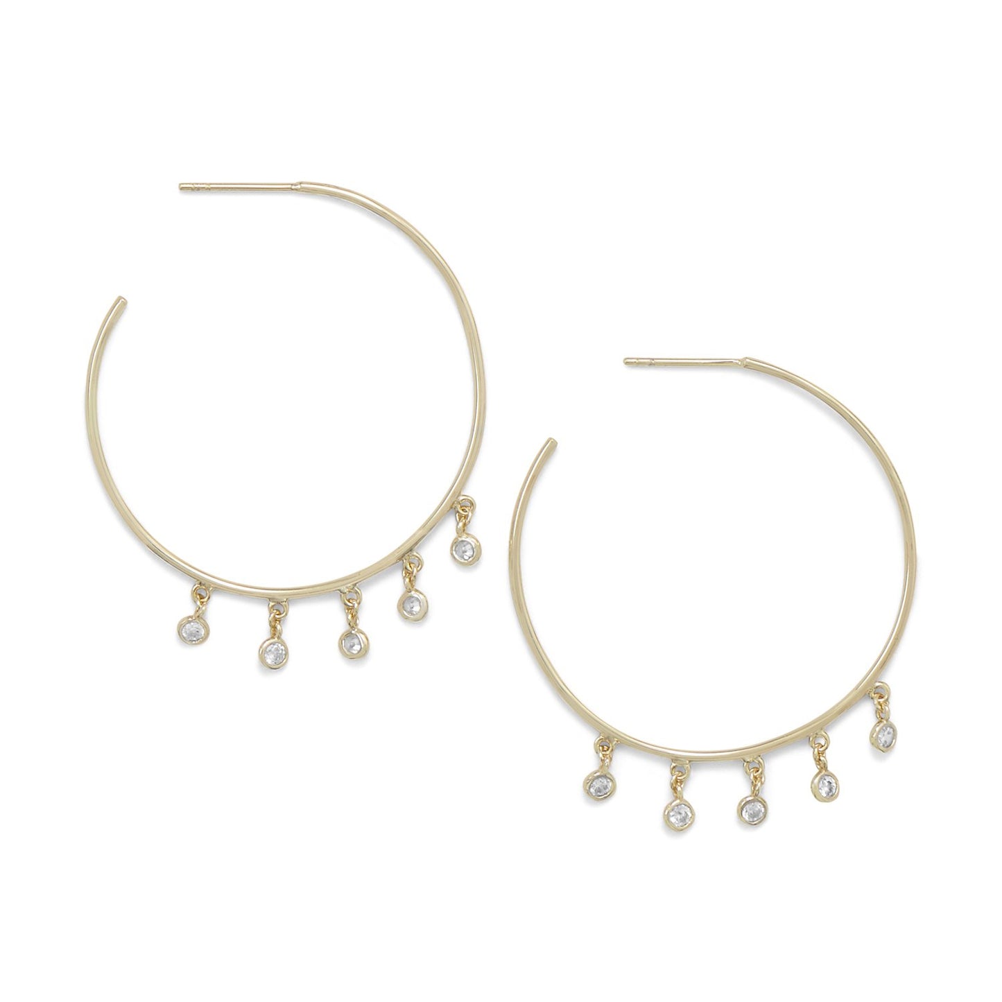 14k Yellow Gold Plated Sterling Silver Dangling Cubic Zirconia Large Hoop Earrings