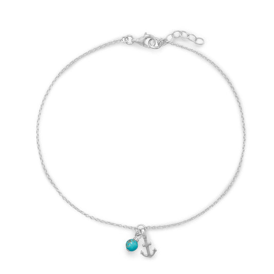 Authentic 925 Sterling Silver Women's Turquoise and Anchor Anklet 9.25 + 0.75" Ankle Bracelet Chain