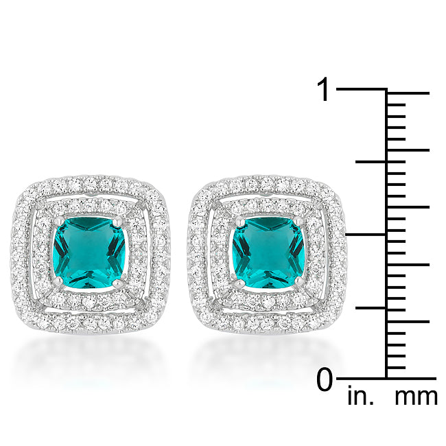 Precious Stars Silvertone Aqua Square Cubic Zirconia Halo Stud Earrings